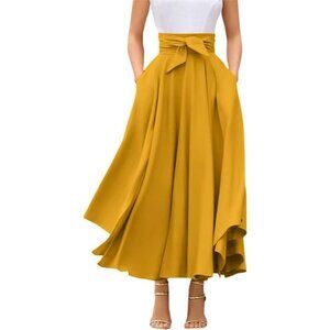 Women Yellow Elegant High Waist Side Slit Irregular Bohemian Pockets Maxi Skirt